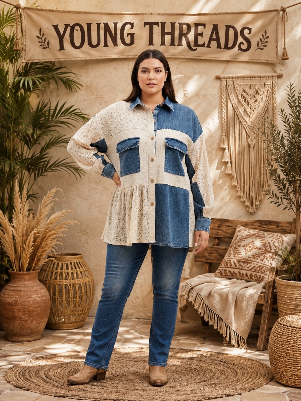 Young Threads Denim & Cream Lace Button-Front Shirt